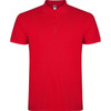 A red polo shirt with a collar, short sleeves, and a logo on the chest.
