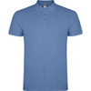 A blue polo shirt featuring a collar and button placket, with a logo on the inside label.