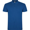 A blue polo shirt featuring a collar and three buttons, with a logo on the neckline.