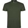 A dark olive green polo shirt with a collar and three buttons, featuring a logo on the neckline.