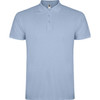 A light blue polo shirt with a collar and three-button placket, featuring a logo on the label.