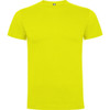 A bright yellow premium t-shirt with a round neck and short sleeves. It features a logo on the collar.