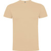 A plain beige T-shirt with a round neck and short sleeves. It features a logo on the neckline.