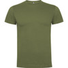 An olive green premium t-shirt with a round neckline and short sleeves, featuring a logo on the label.
