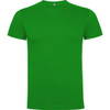 A green T-shirt with a crew neck and short sleeves, featuring a logo on the collar.