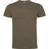 A premium t-shirt in olive green, featuring a simple design and a logo on the label.