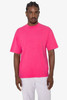 A bright pink short sleeve crewneck tee with a relaxed fit, featuring a logo on the front.