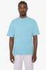 A crewneck t-shirt in light blue, featuring short sleeves and a relaxed fit, with a logo visible.