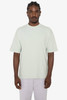 A light green short sleeve crewneck t-shirt displayed on a model, featuring a simple design and a logo.