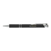 A black gel ink pen with silver accents and a clip, featuring a branding logo.