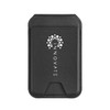 A black magnetic wallet with a phone stand, featuring a logo on the front.