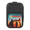 A black Bluetooth speaker featuring a colourful graphic with silhouettes of three people against a sunset background.