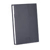 A Mela Apple Leather Refillable Journal in a sleek grey finish, featuring a minimalist design and a branding logo.
