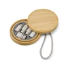 A round wooden box with a lid contains multiple USB connectors in a grey insert. The box has a handle for easy carrying.