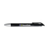 A gel ink pen in black with a silver tip, featuring a logo on the barrel.