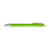 A bright green gel ink pen with a sleek silver tip and a minimalistic design, featuring a branding logo.