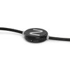 A black touch switch with a grey trim, featuring a circular design and a logo on the surface.