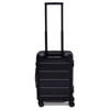 A black hardcase trolley with a retractable handle and wheels for easy transport. It features a logo.