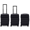 Three black hardcase suitcases with extendable handles and wheels, featuring a logo on the front.