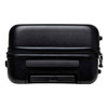 A black hardcase trolley with a zipper, featuring wheels and a retractable handle. It has a simple design and a logo.