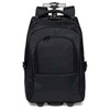 A black trolley backpack with a retractable handle and front zipped pocket, featuring wheels for easy transport.