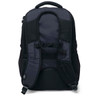 A black Metro-Lock backpack featuring padded shoulder straps and a mesh back for comfort. It has a logo on its surface.