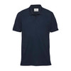 A dark navy men's polo shirt with a collar and short sleeves, featuring a logo on the chest.