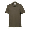 A men's polo shirt in olive green with a collar and short sleeves. It has a logo on the chest.