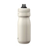 A drink bottle in a matte light grey finish with a black lid, featuring a logo on the side.