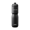 A drink bottle in black, featuring a screw-top lid and a brand logo, designed for insulation.