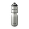 A drink bottle in silver stainless steel with a black and grey lid, featuring a logo on the body.