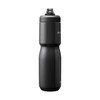 A drink bottle in black with a streamlined design and a screw top lid, featuring a logo.