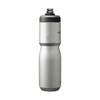 A drink bottle in polished silver stainless steel, featuring a black lid and a branding logo.