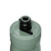 A drink bottle in muted green with a black top and a features an attached spout. It has a logo.