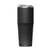 A drink bottle in matte black with a clear lid, featuring a sleek, tapered design and a branding logo.