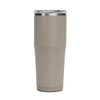 A drink bottle in a muted beige colour with a silver lid, featuring a logo on the side.