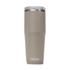 A drink bottle in a matte tan colour with a stainless steel lid and a logo at the bottom.