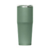 A drink bottle in a matte green finish, featuring a clear lid and stainless steel accents, with a logo.