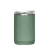 A drink bottle in a muted green colour with a stainless steel lid and a textured exterior. It features a logo.