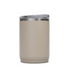 A drink bottle in a light brown hue, featuring a transparent lid and a sleek design, with a logo on the side.