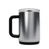 A drink bottle with a stainless steel exterior, black plastic handle, and a transparent lid. It features a logo.
