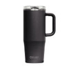 A drink bottle in matte black with a handle and a clear, transparent lid, featuring a logo.