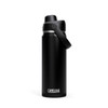 A drink bottle in sleek matte black with a carry handle and a spout lid, featuring a logo.