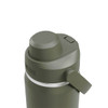A drink bottle in an olive green colour with a silver band and a lid featuring a thumb lever and branding.