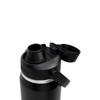 A drink bottle in black with a silver band, featuring a lid and a straw opening, and a branding logo.