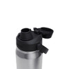A drink bottle featuring a stainless steel body with a black cap and spout, including a logo on the side.