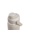 A drink bottle in a light grey colour with a screw-top lid and a side handle. It features a logo on the side.