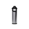 A drink bottle in a sleek silver and black design, featuring a secure lid and a carry handle.