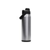 A drink bottle made of stainless steel, featuring a black lid and handle, with a sleek, metallic finish.