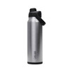 A drink bottle featuring a sleek silver stainless steel design with a black cap and carrying handle.